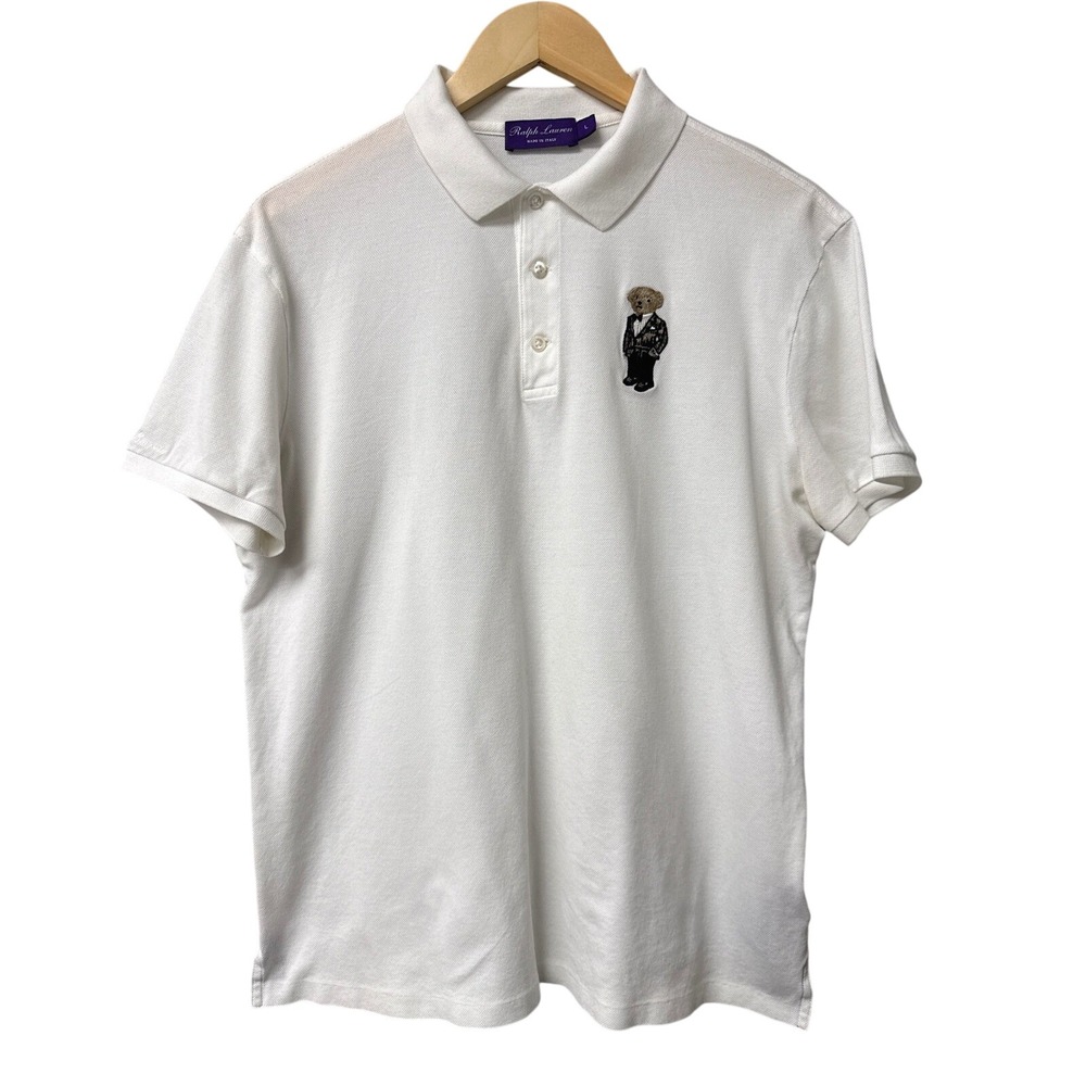 Ralph Lauren Polo Shirt Men L White Purple Label Tuxedo Bear Luxury Made Italy
